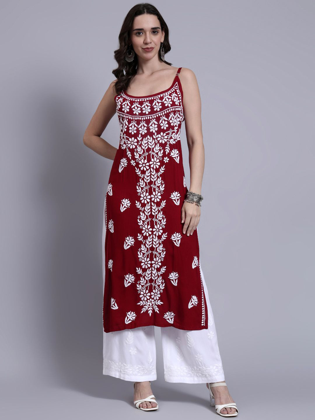 The Chikan Label Aliza Floral Embroidered Chikankari Modal Straight Kurta