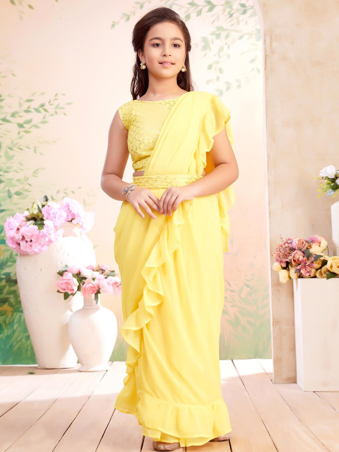 Muhuratam Girls Yellow Sequin Embroidery Georgette Lehenga Saree With Attached Dupatta