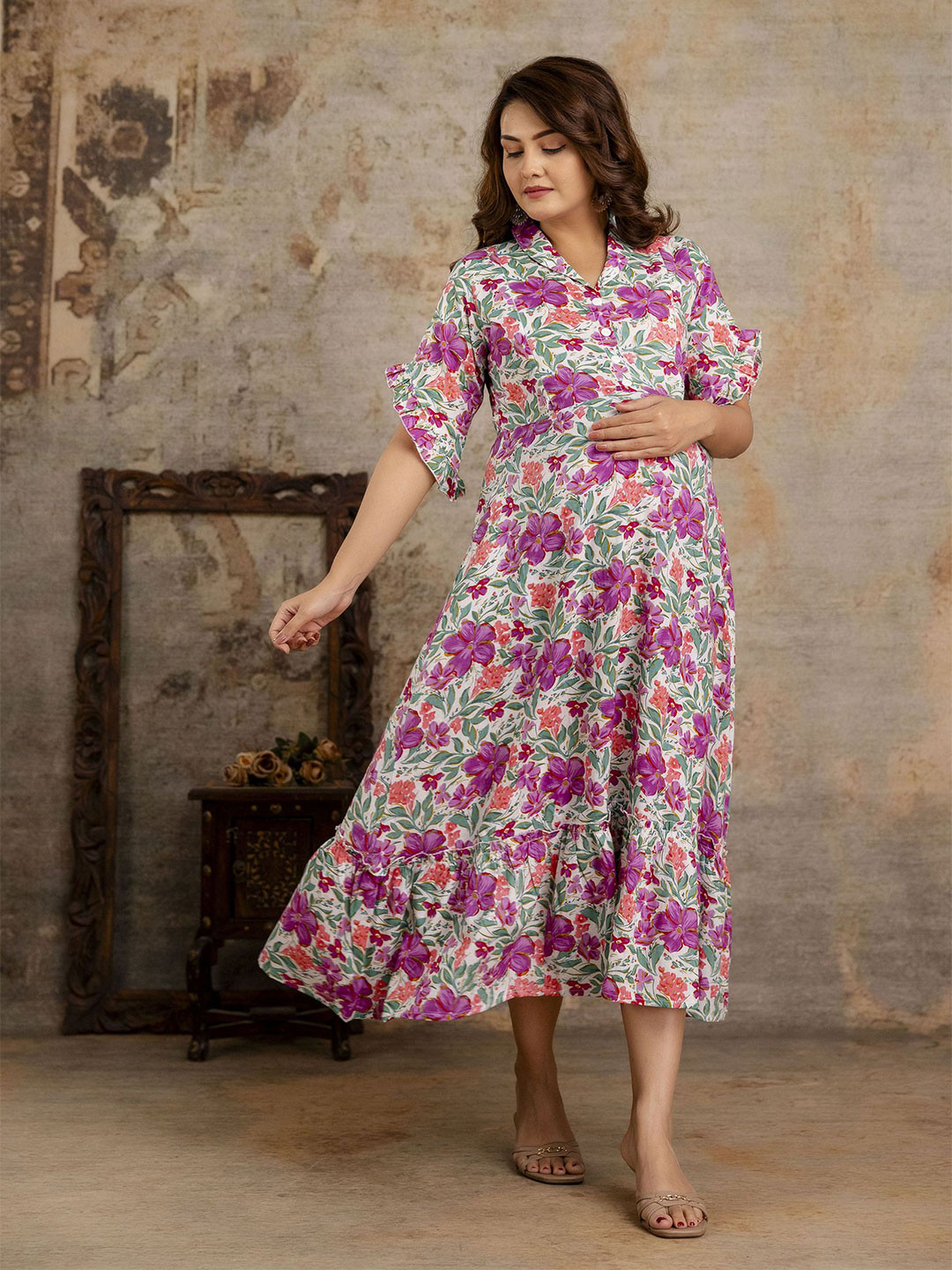 Henal Women Floral Print Maternity Fit and Flare Midi Dress