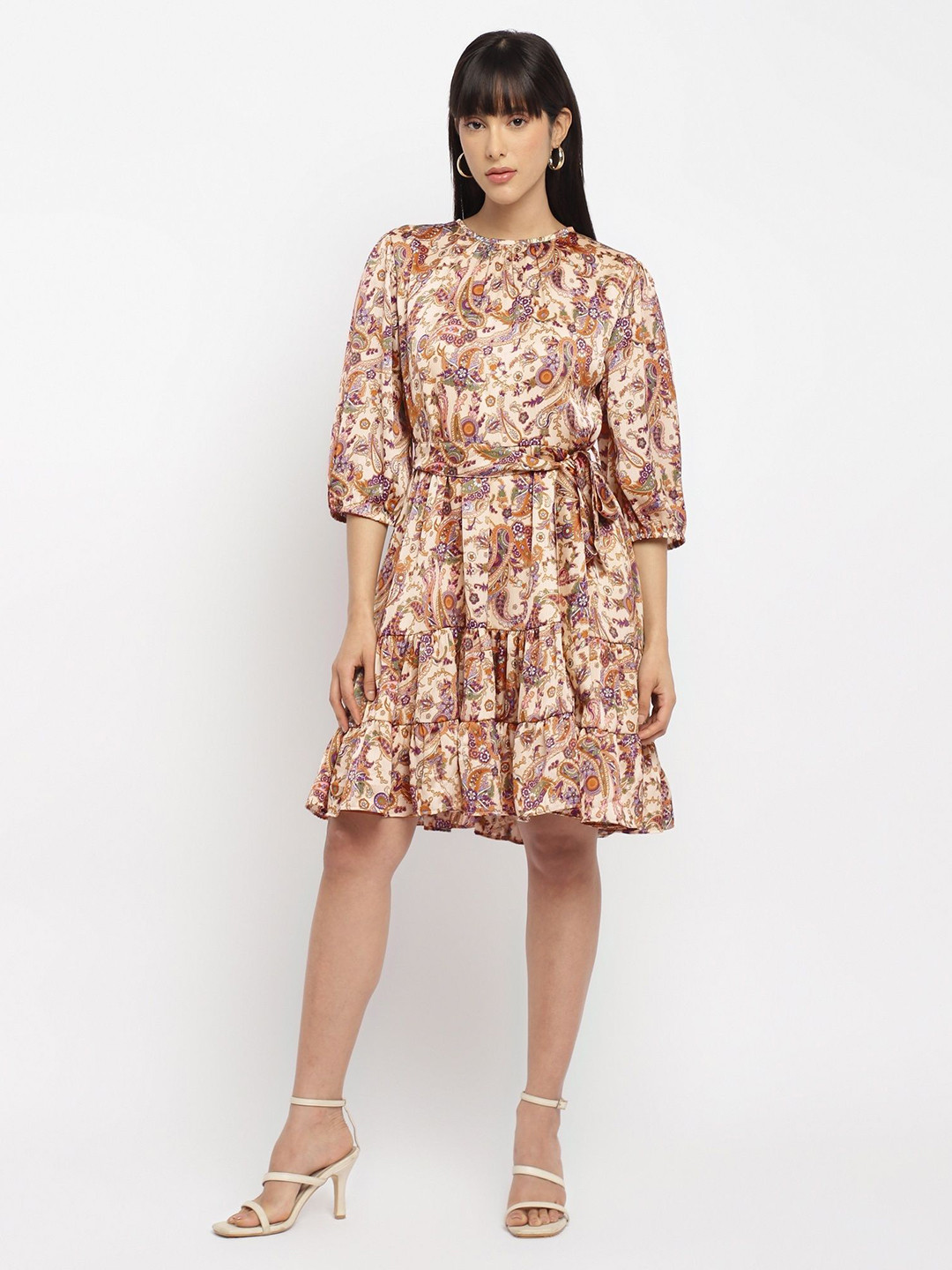 theulluu.com Women Paisley Printed Gathered Tiered Puff Sleeves Fit & Flare Dress