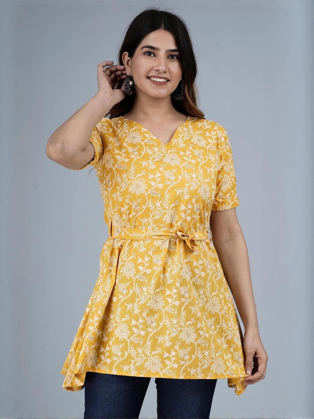 Indiwest Mustard Printed Belted Cotton Top