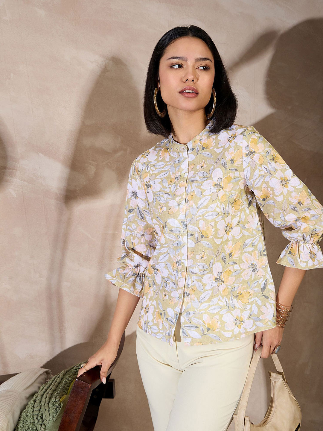 all about you Floral Print Puff Sleeves Band Collar Shirt Style Top