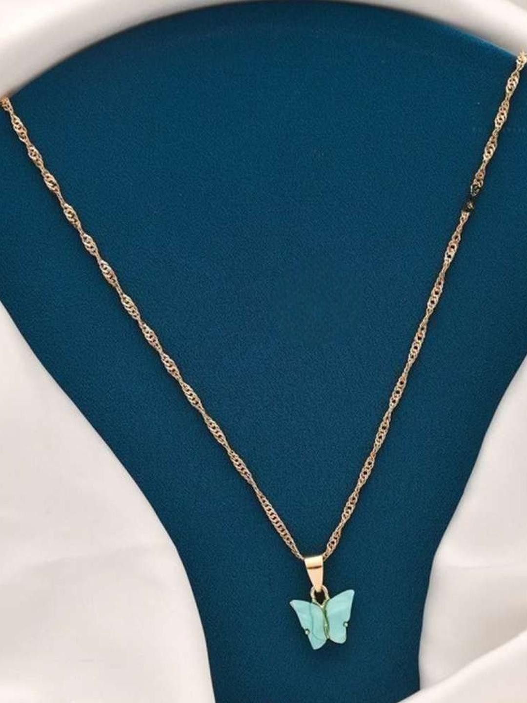 DressBerry Women Gold Plated Minimal Blue Butterfly Pendant with Chain