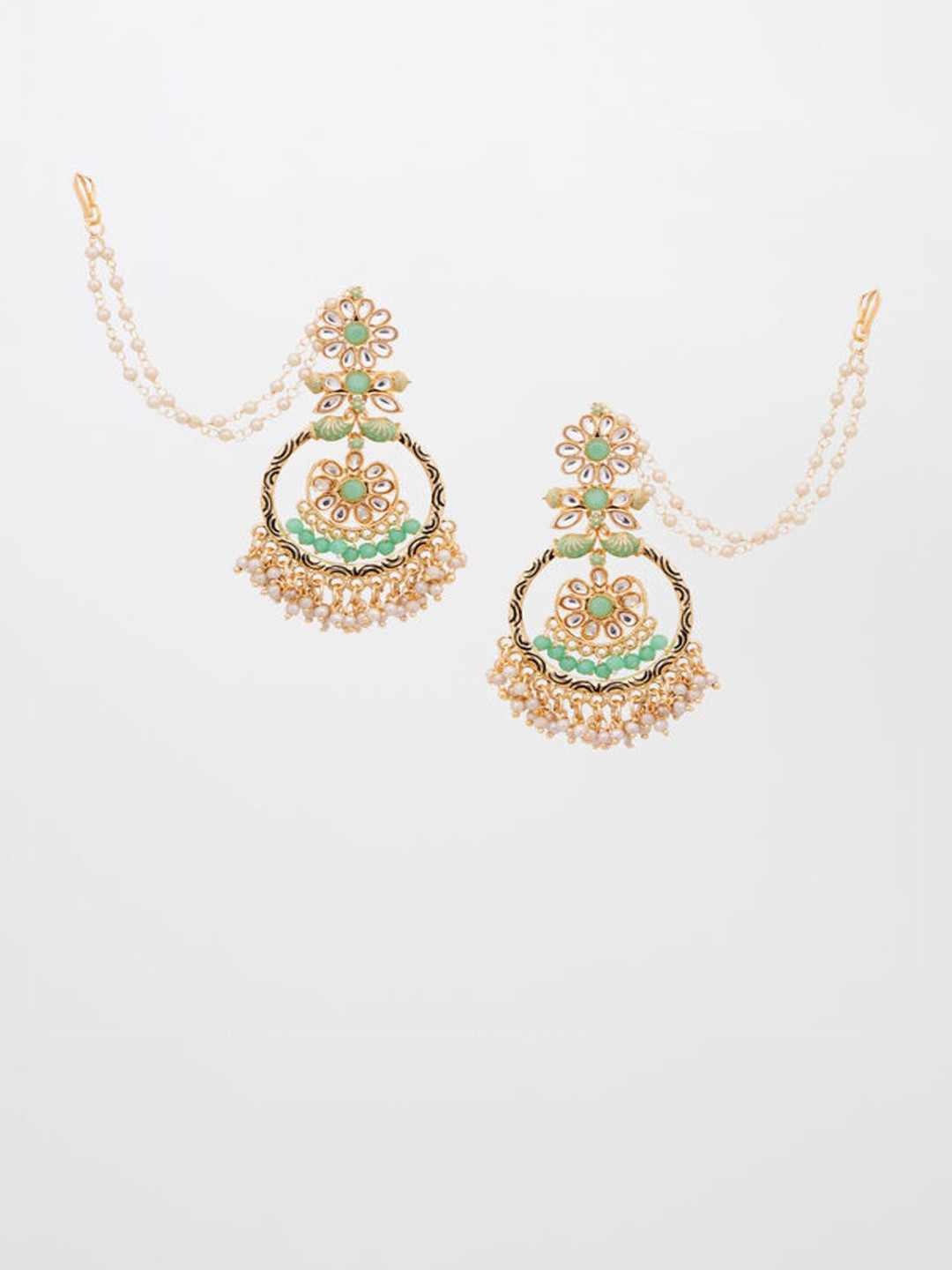 HENA DESIGNS LLP Stone Studded & Pearls Beaded Circular Chandelier Drop Earrings