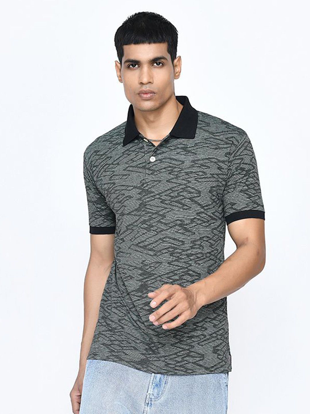 PASSPORT JEANS Printed Polo Collar Slim Fit Cotton T-shirt
