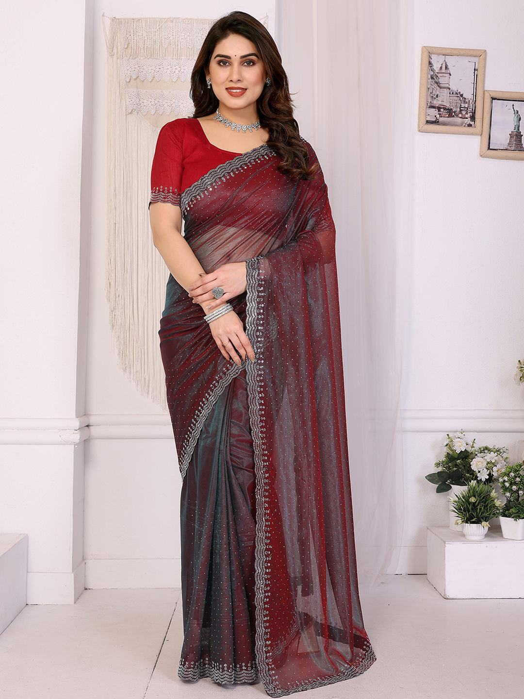 Moda Rapido Coffee Brown Embellished Net Sarees