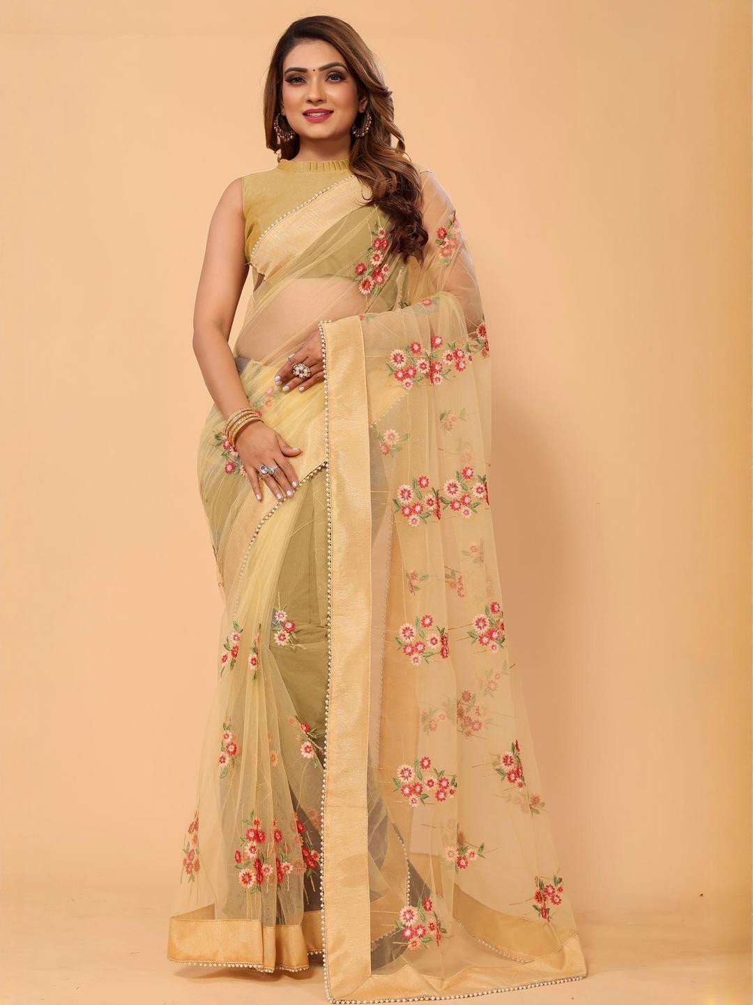 PATLANI STYLE Floral Beads and Stones Net Saree