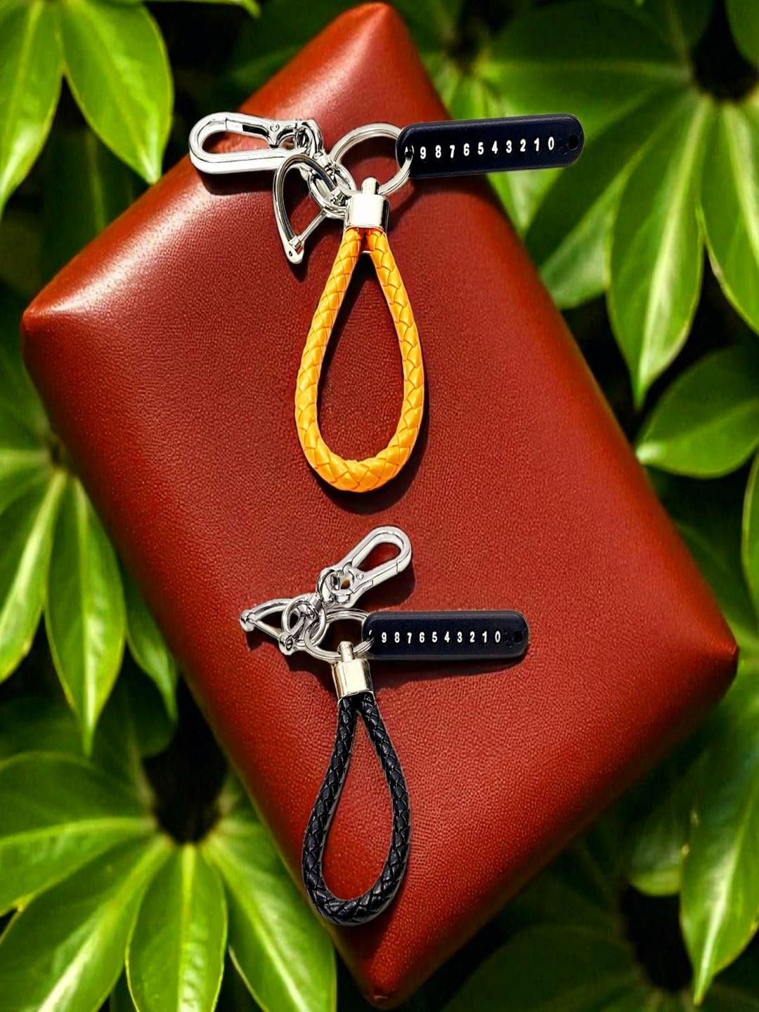 ADOREAL Leather Brown & Black Keychain And Key Ring With Phone Number Tag