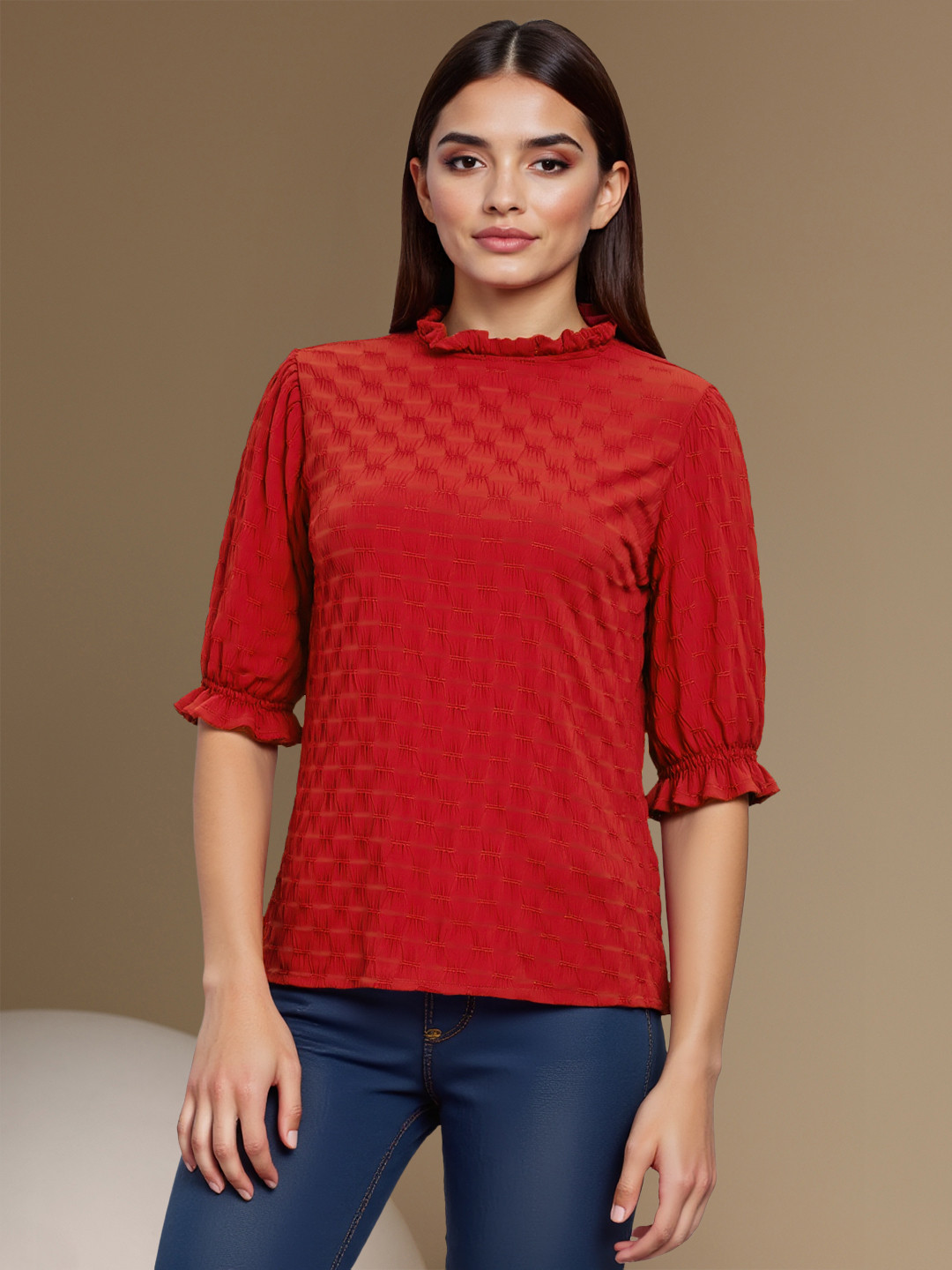 Chemistry Crinkled Effect Puff Sleeves Ruffled Detail Top