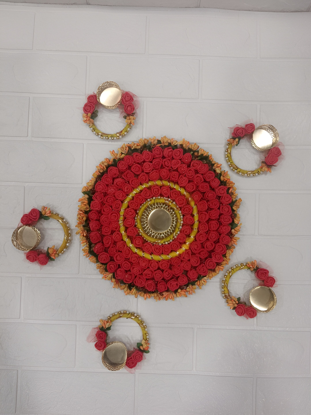 Sellplus Red 5 Pieces Candle Holder With Red Rose Rangoli Set