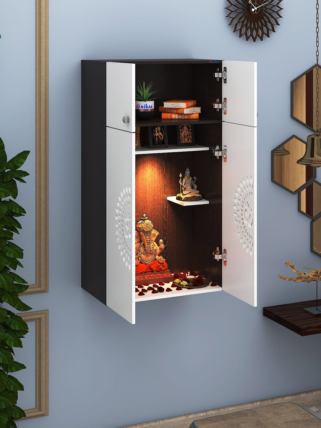 ANIKAA White Engineered Wooden Wall Mount Home Temple With LED Light