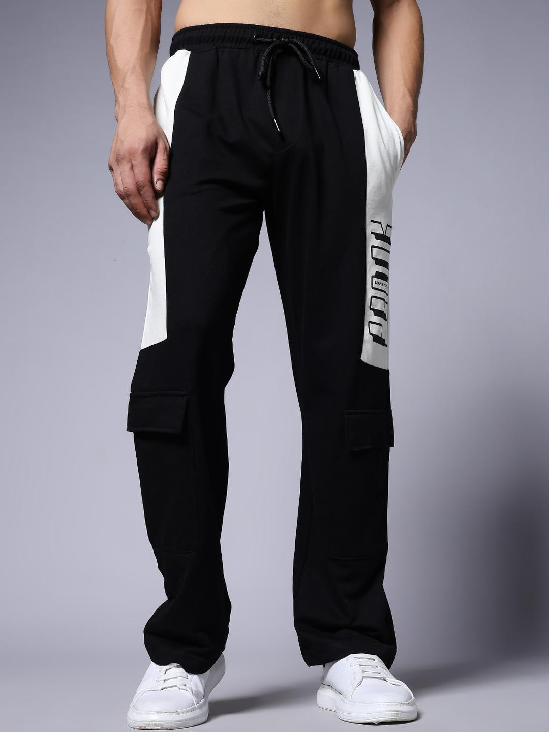 PRONK Men Black & White Side Panel Printed Cotton Joggers With Drawstring