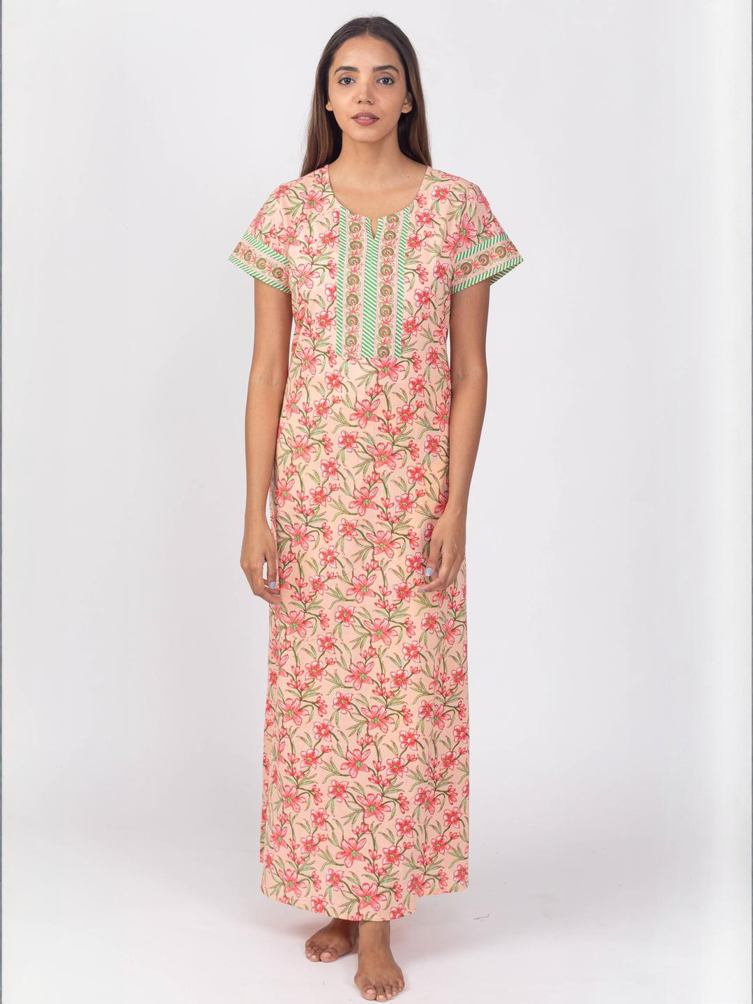 Nihsamah Women Pink Cotton Floral Printed Nighty