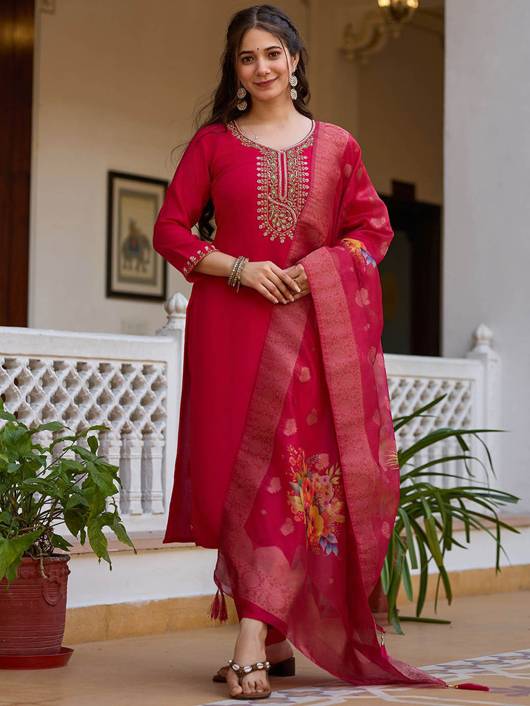 Brand Hill Embroidered V-Neck Beads & Stones Chanderi Silk Straight Kurta Set