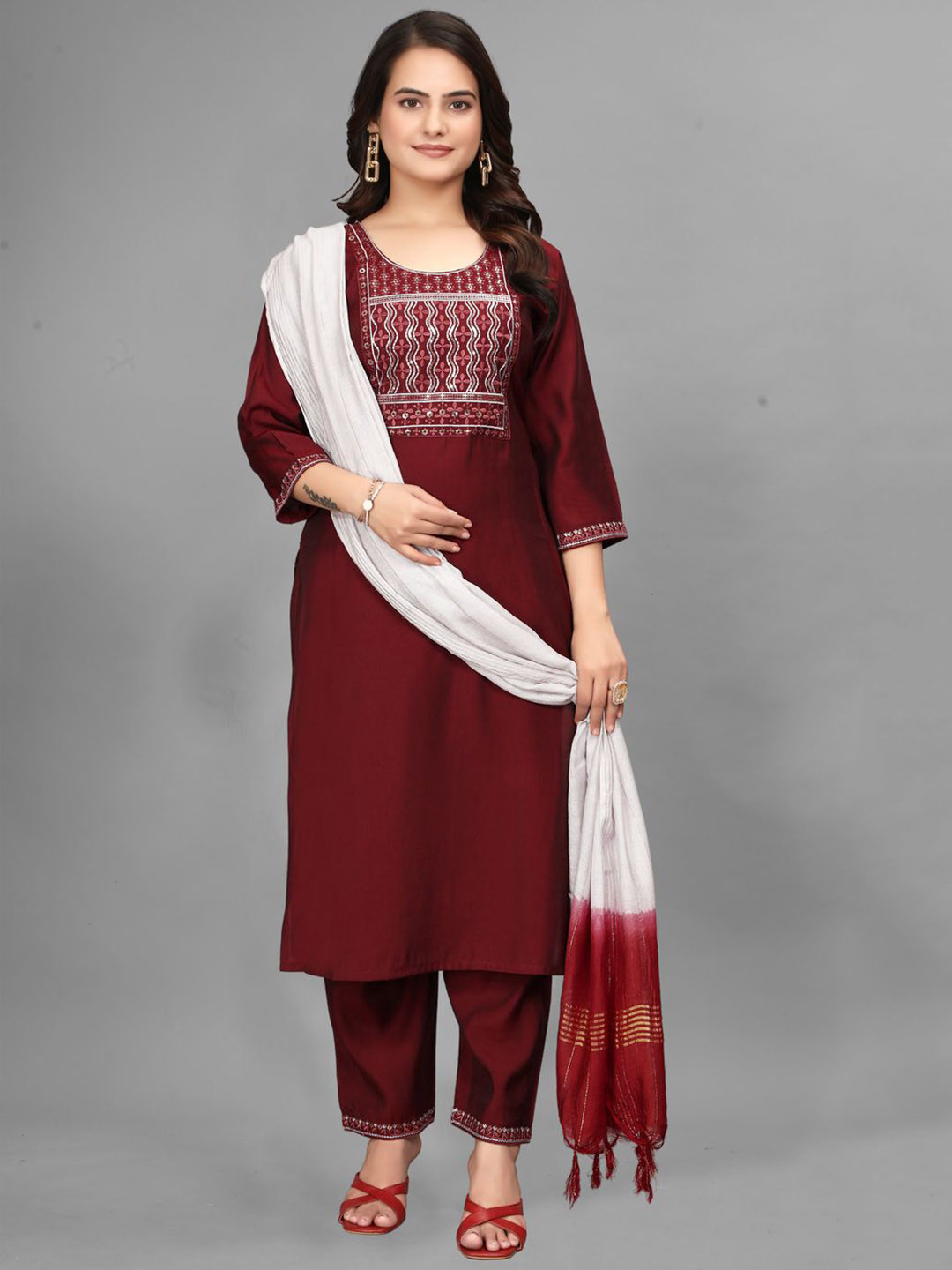 ANJANA NX Floral Yoke Design Round Neck Sequinned Straight Kurta With Trousers & Dupatta