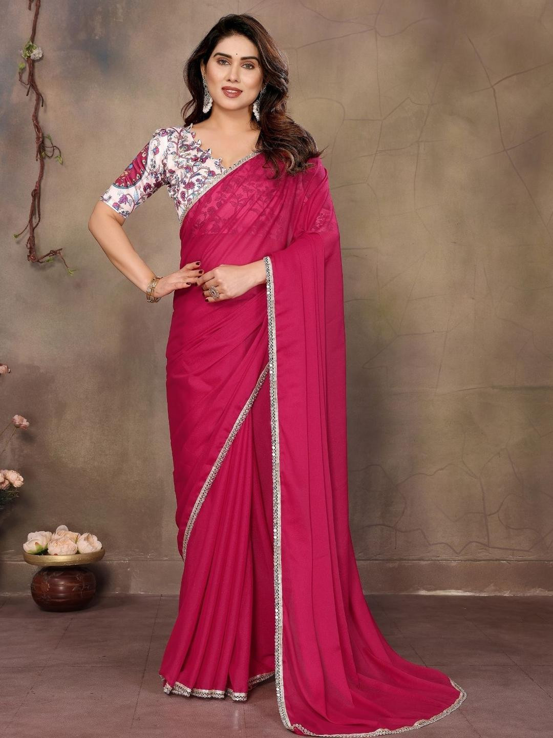 ODETTE Plain Saree With Unstitched Blouse