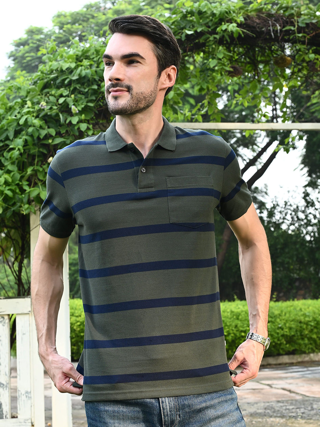 Kor Men Polo Neck Stripes Pocket Short Sleeves T-shirt