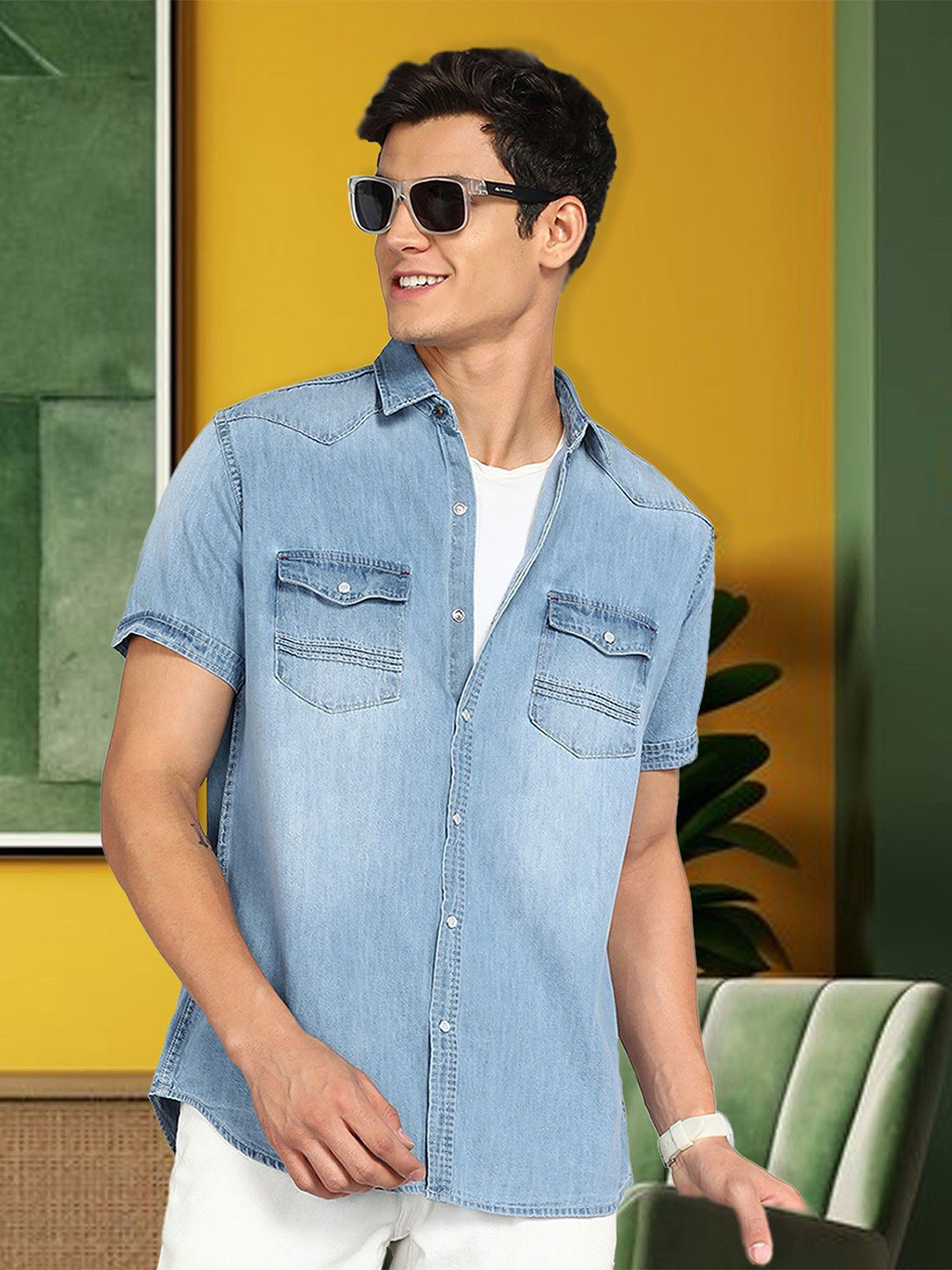 Kuons Avenue Men Standard Fit Double Pocket Denim Casual Shirt