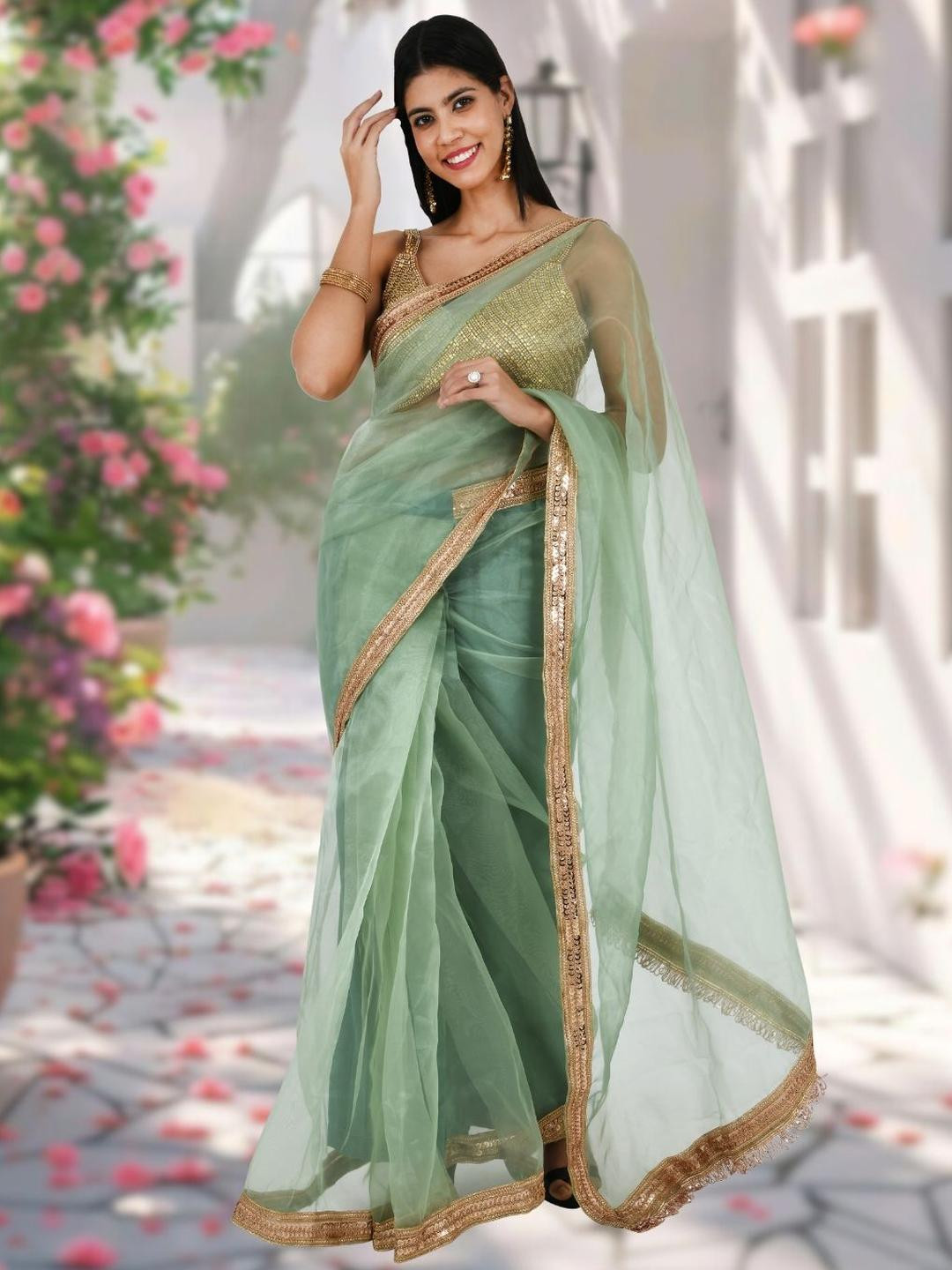 Apni Maati Vastram Embroidered Tissue Saree With Blouse Piece