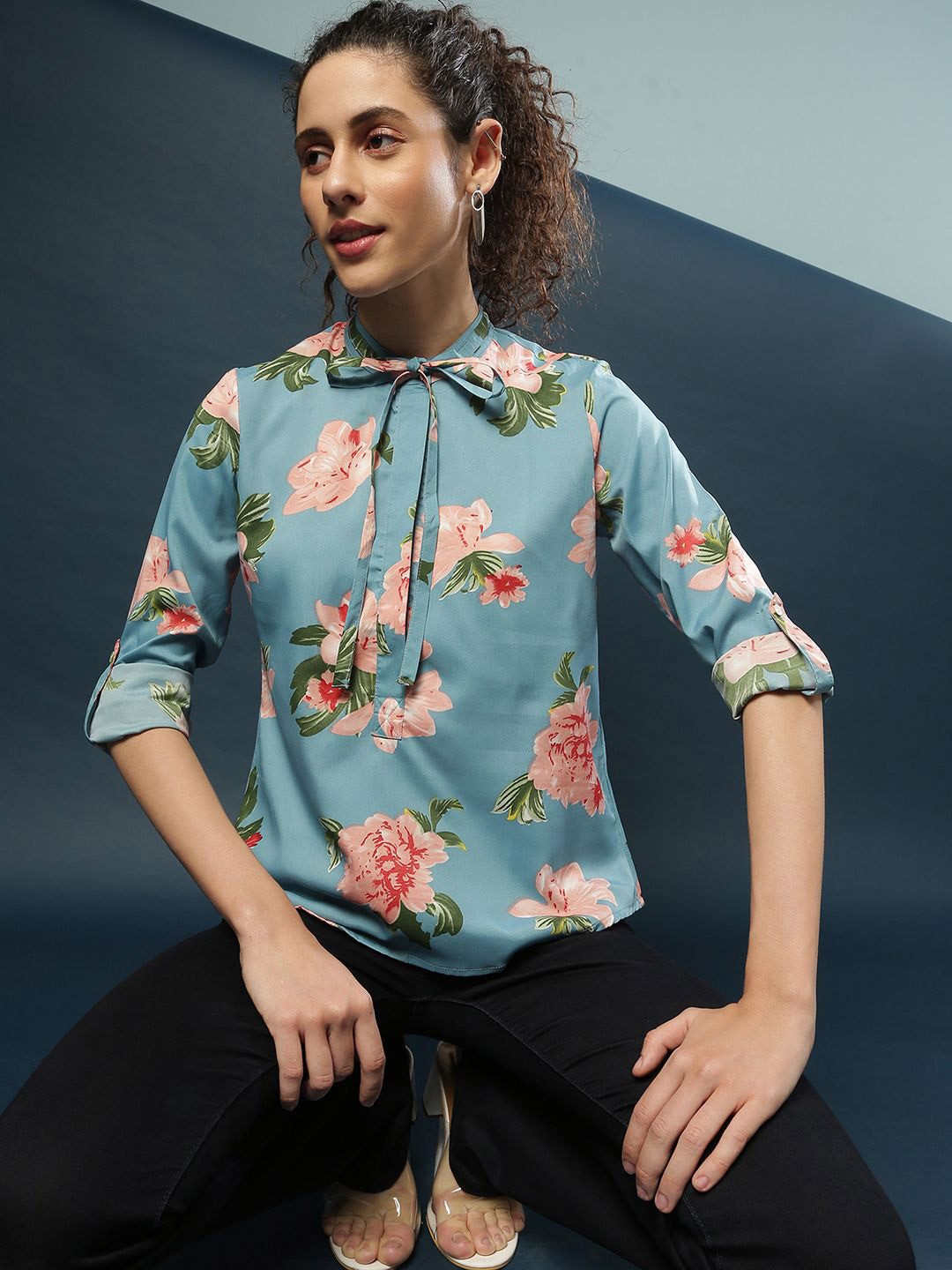 PINACOLADA Women Retro Floral Printed Roll-Up Sleeves Casual Top
