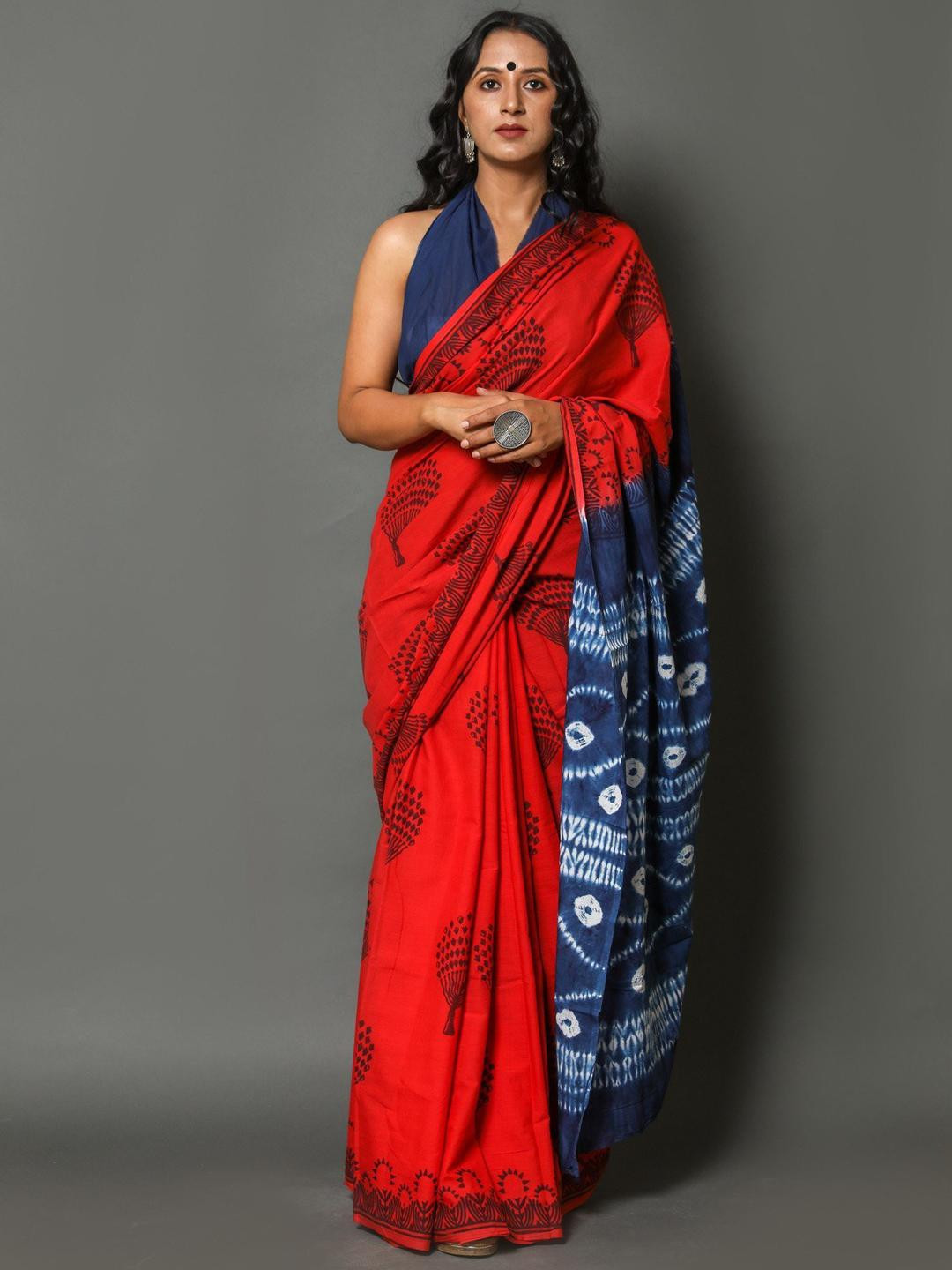 Pinkcity Trade World Women Red And Blue Pure Cotton Ethnic Jaipuri Hand Block Saree