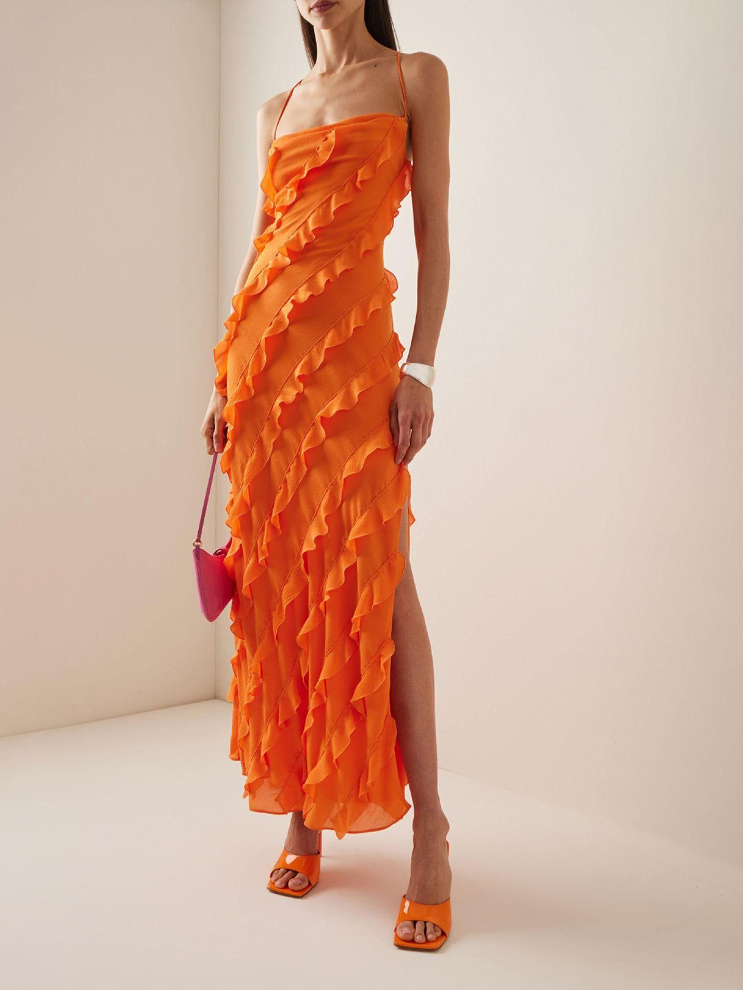 Miss Mosa By Akanksha  Caynne Ruffled Maxi Dress In Orange