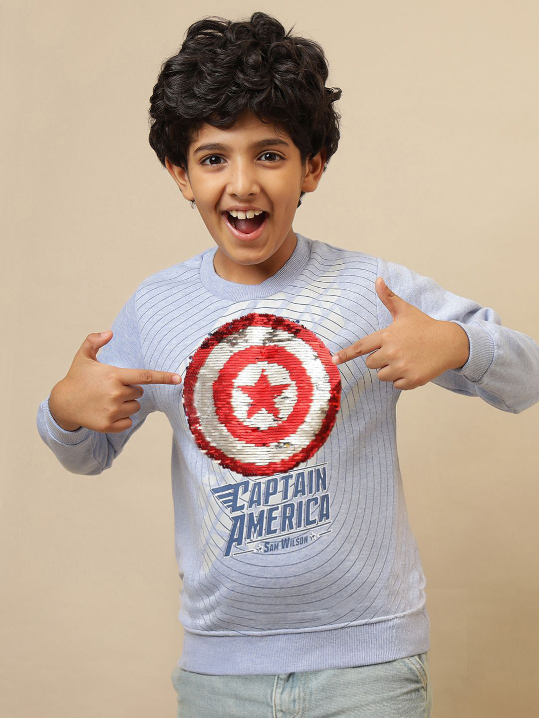 Kids Ville Boys Captain America Printed Reversible Sequin Regular Fit Sweatshirt