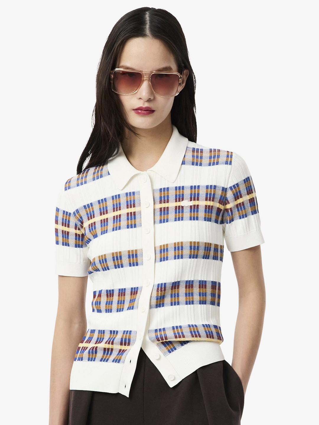 Lacoste Women Ribbed Knit Polo Collar Sweaters