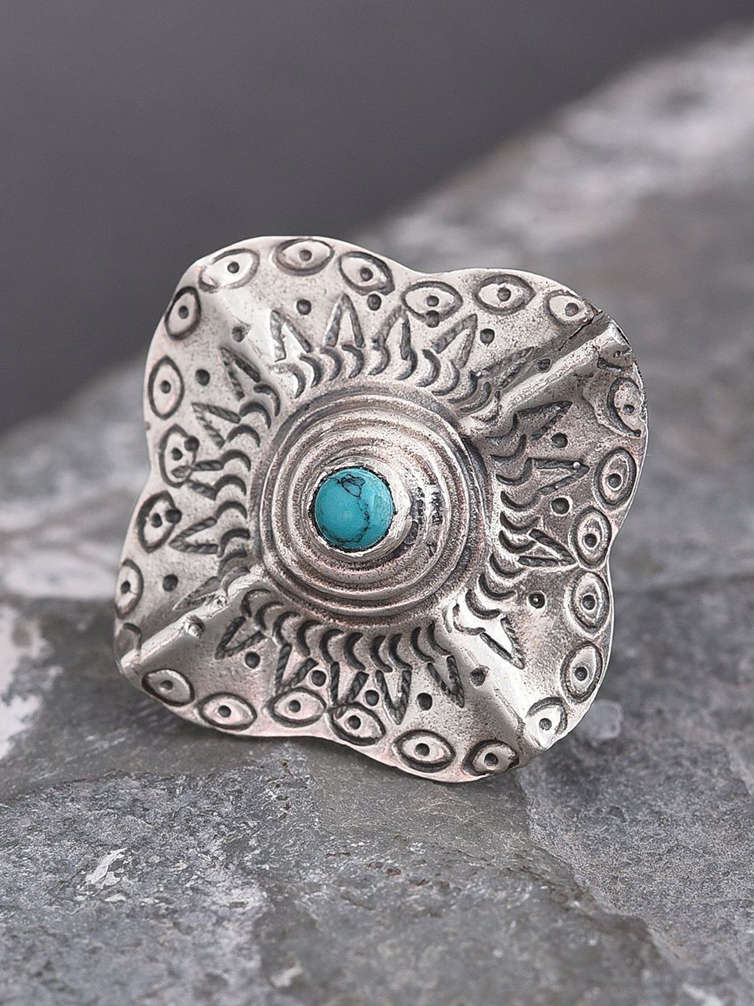 JAYPORE Women Silver Plated & Turquoise Stone Studded Adjustable Oxidized Finger Ring