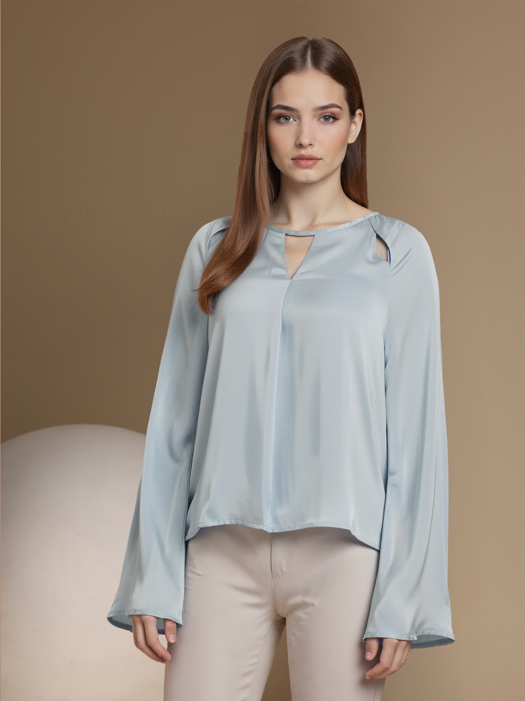 Chemistry Keyhole Neck Flared Sleeves Top with Cut-Out Detail