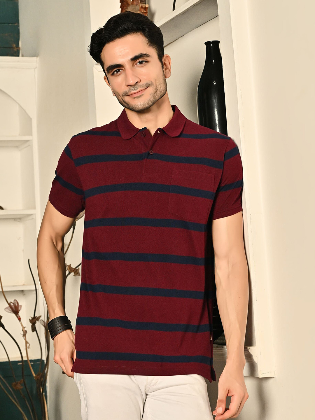 Kor Men Polo Neck Stripes Pocket Short Sleeves T-shirt