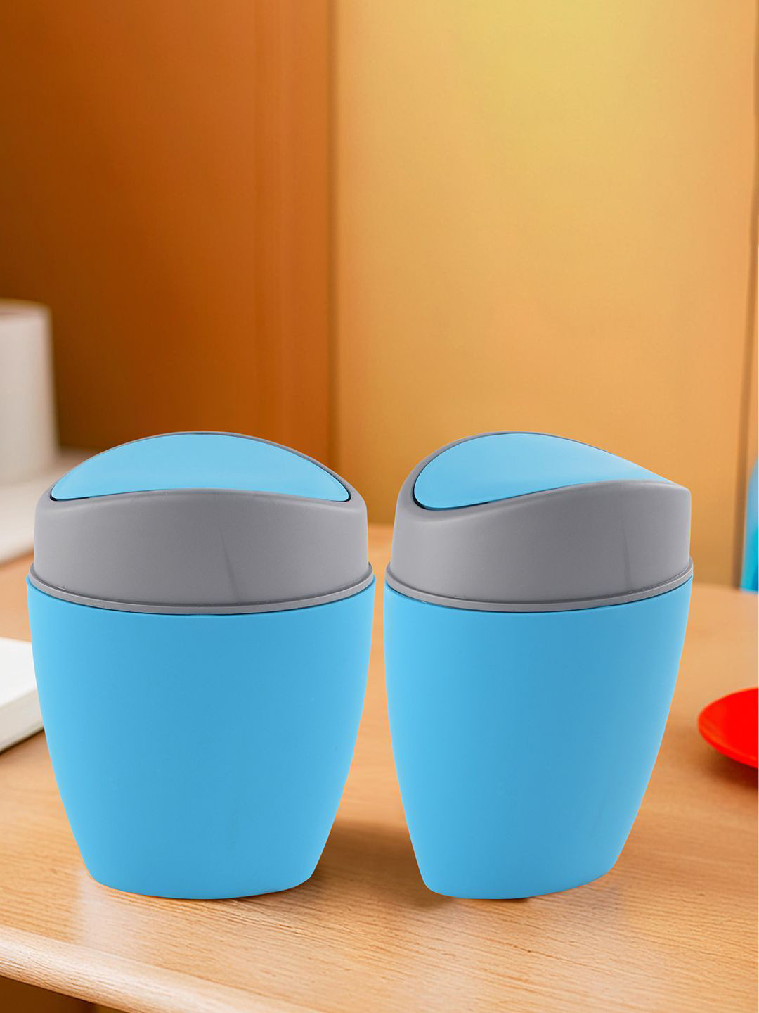 Kuber Industries Blue 2 Pcs Plastic 1.25 Ltr Mini Dustbin for Table/Bedroom with Swing Lid