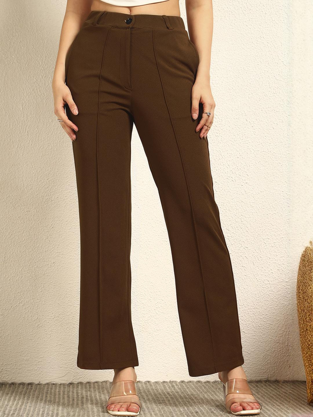 TANDUL Women Brown Solid Straight Fit Mid Rise Pleated Lycra Trouser