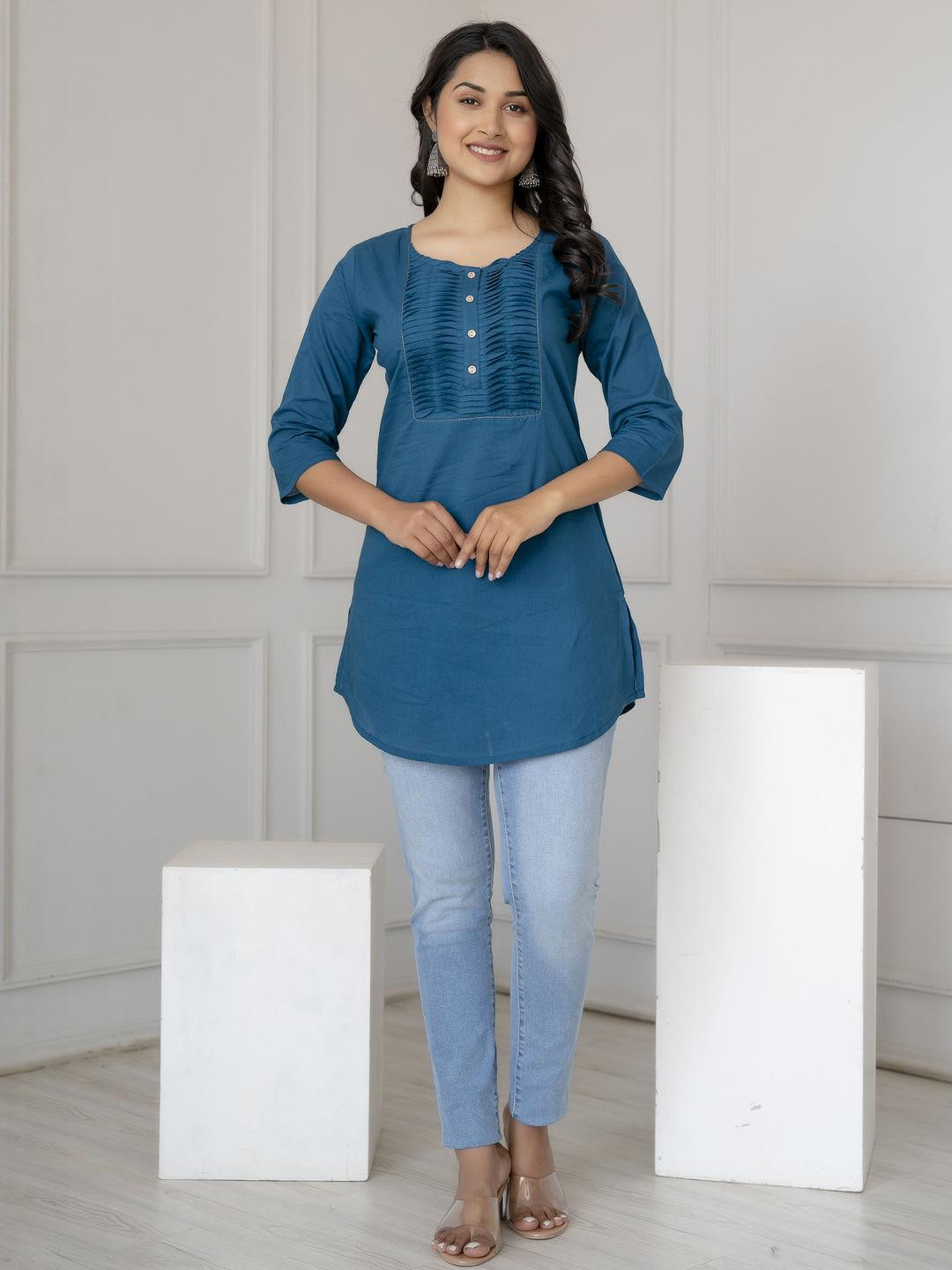 SZN Women Teal Blue Straight Cotton Tunic With Three Quarter Sleeves