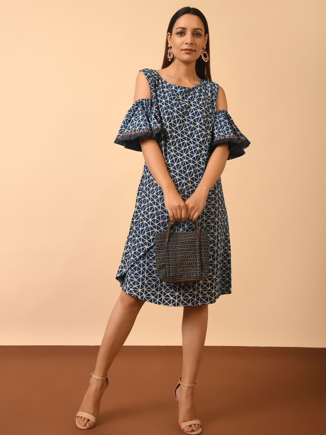 GRASS & SUNSHINE Women Dabu Printed Ruffled  Cold-Shoulder A-Line Dress