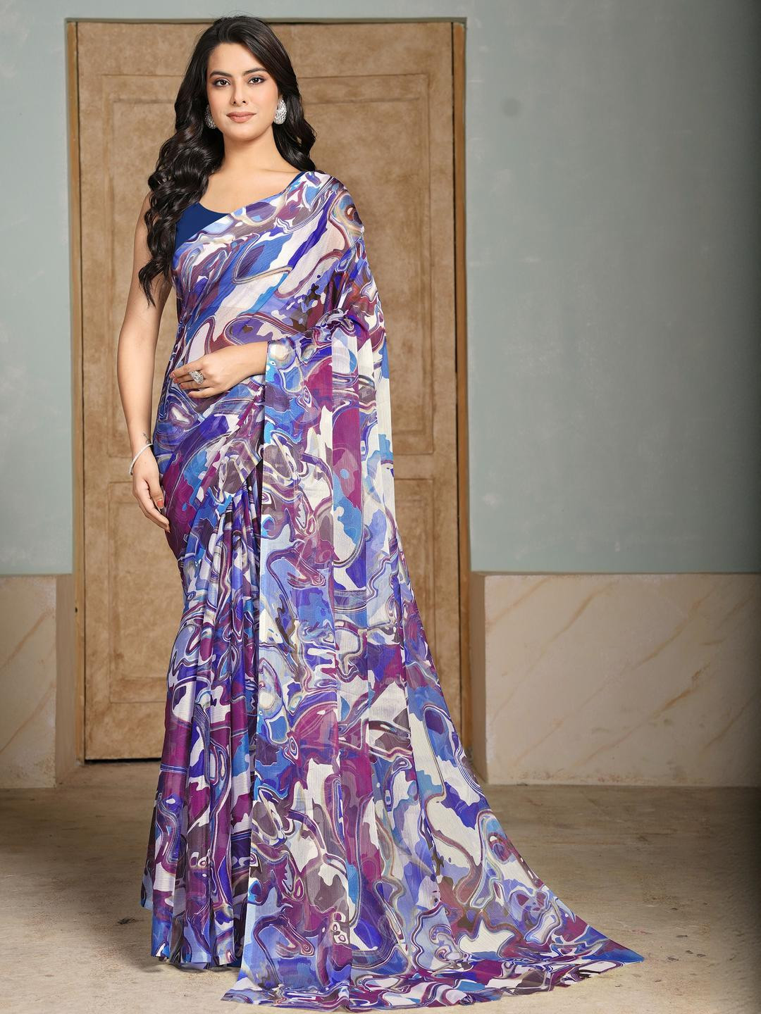 Garden Vareli Women Abstract Printed Pure Chiffon Sarees