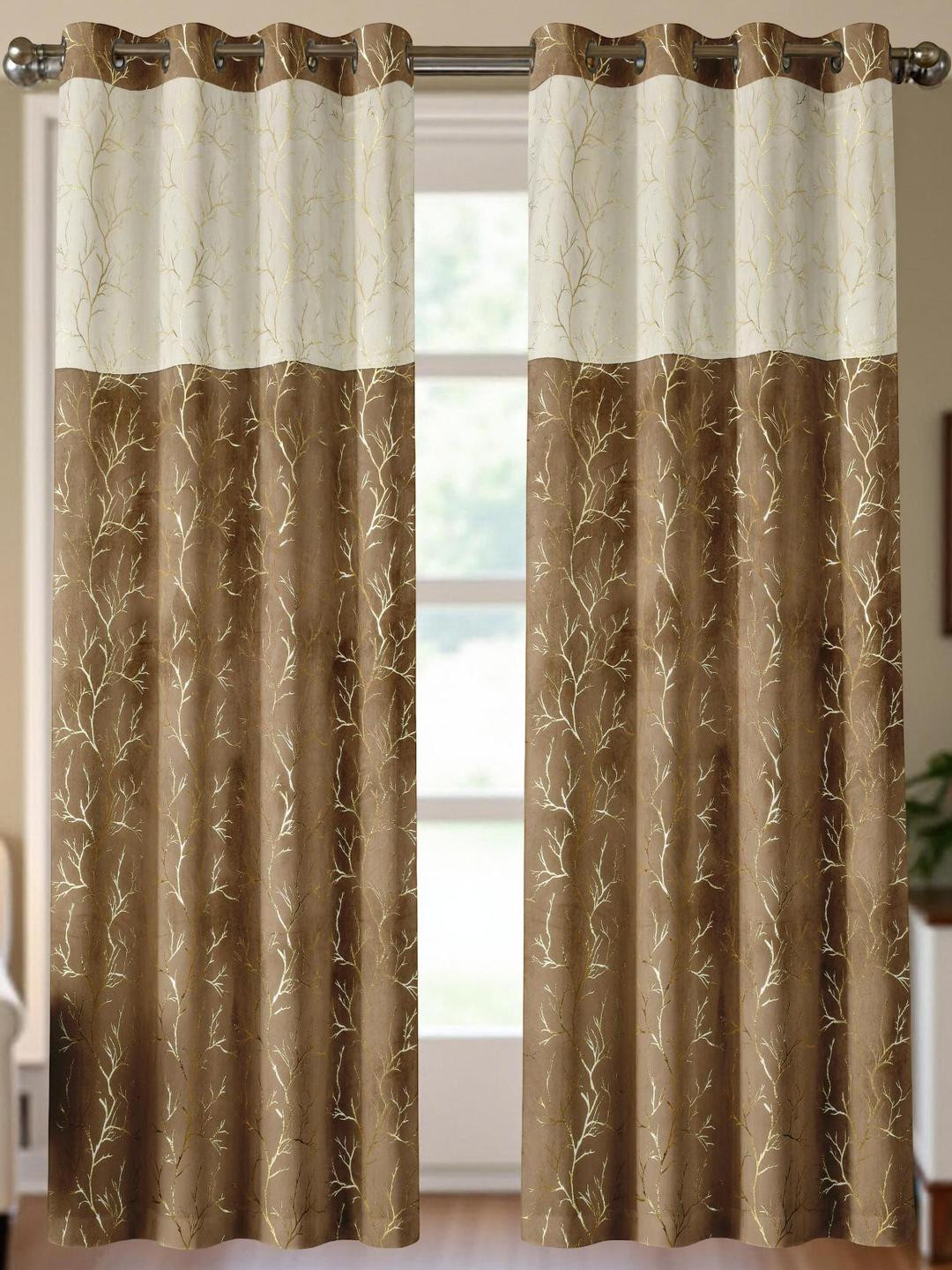 IVAZA Brown & Beige Set of 2 Printed Blackout Window Curtains