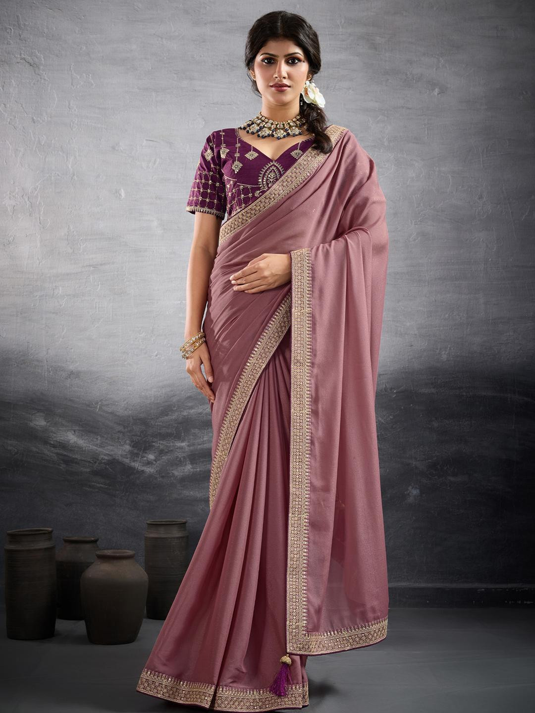 Anouk Pink Embellished Pure Georgette Sarees
