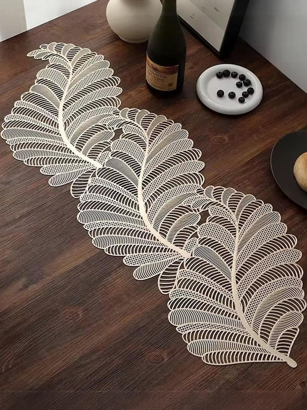 TANLOOMS Rexine Leaves Cutwork Waterproof Faux Leather Table Runner