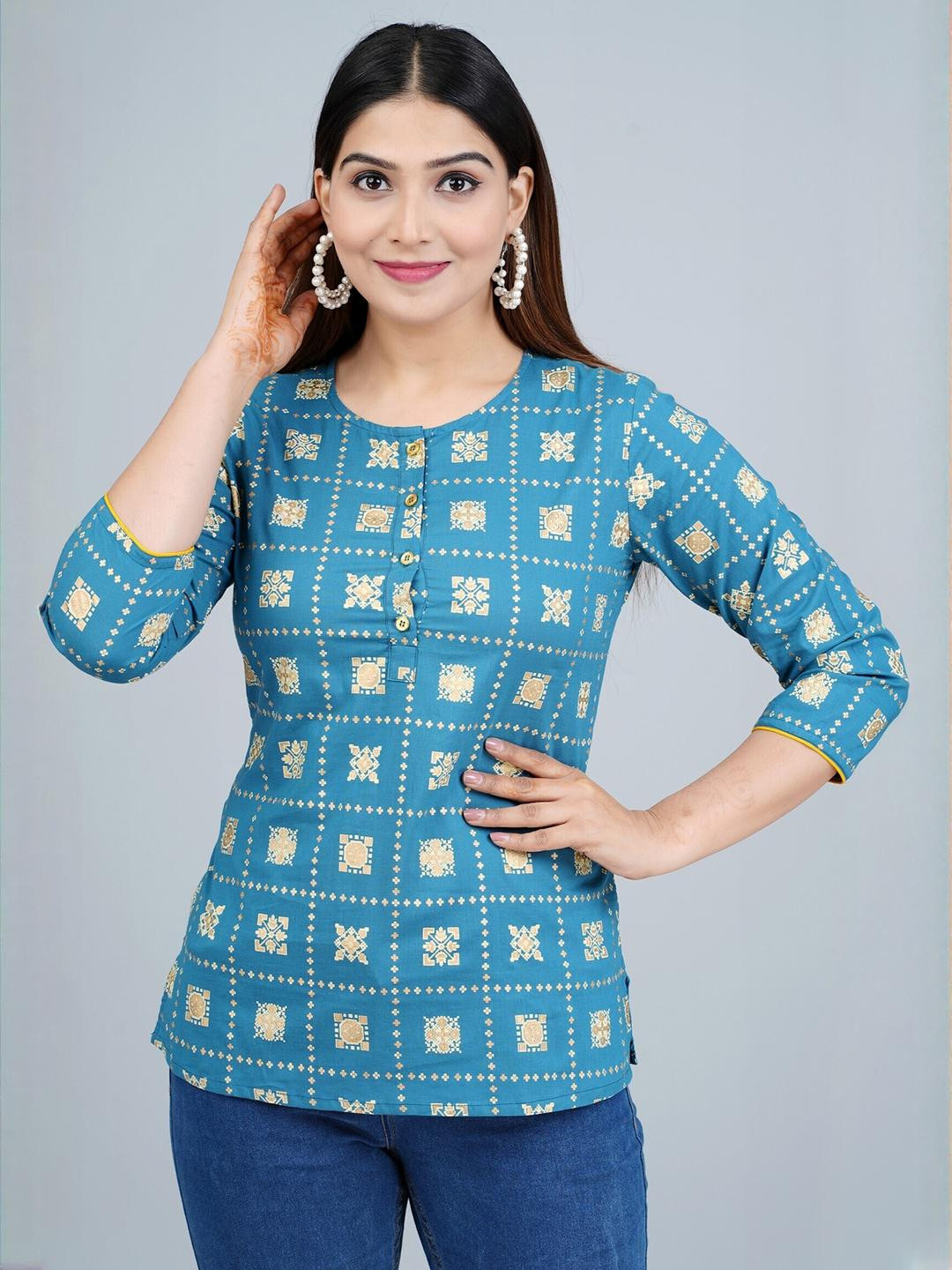 Indiwest Women Blue Gold Printed Casual Rayon Top