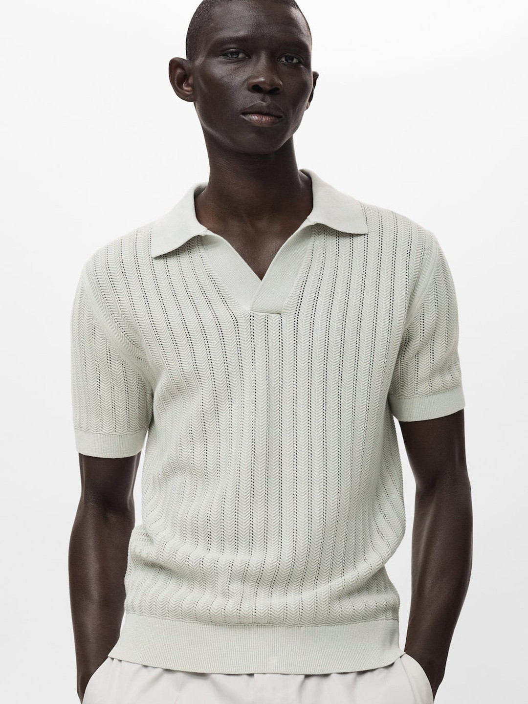 MANGO MAN Fine-Knit Herringbone Pure Cotton Polo Collar T-shirt