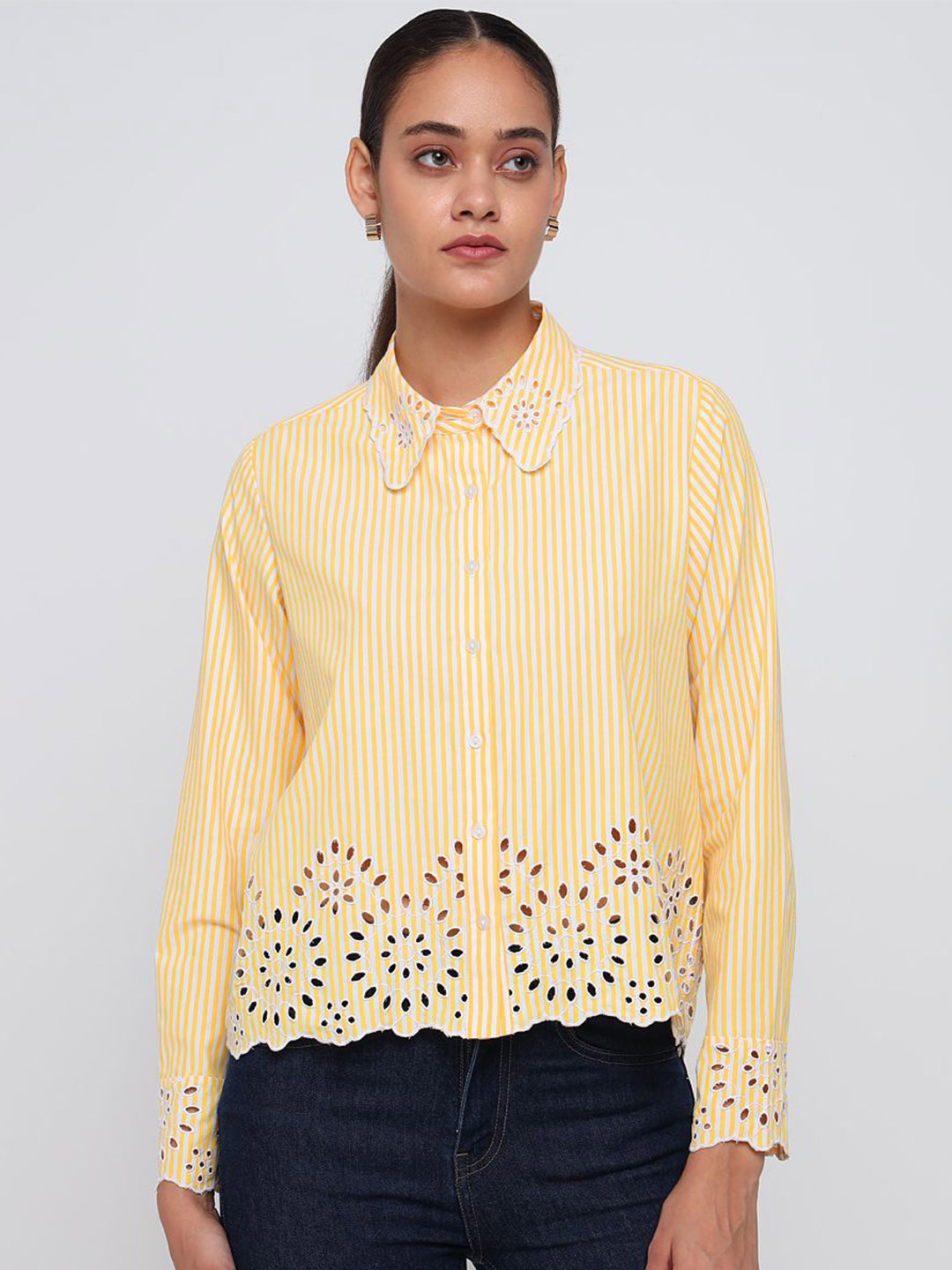 COVER STORY Women Vertical Striped Spread Collar Cotton Casual Shirt