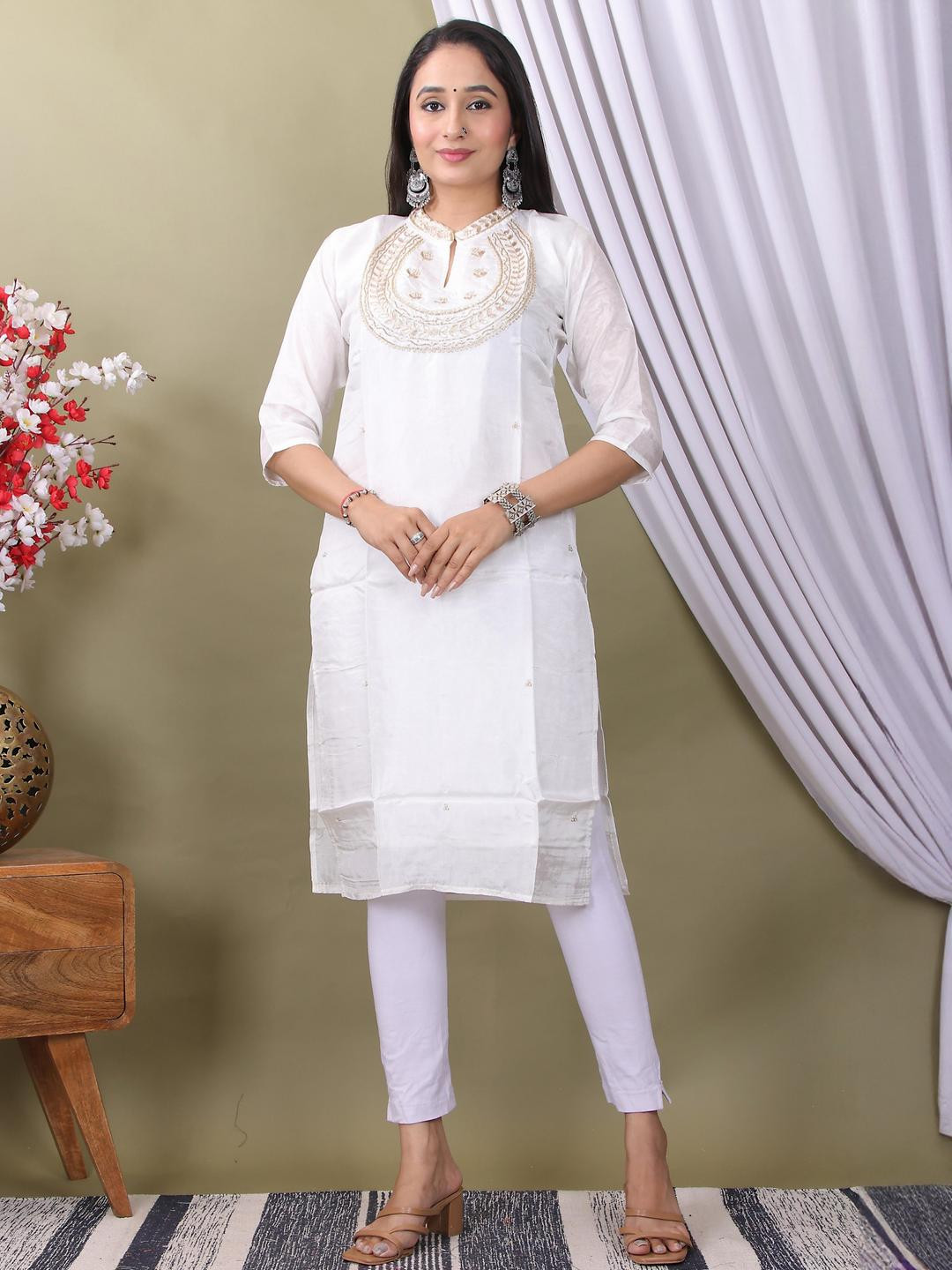 PARTH STYL FASHION Women White Silk A-Line Kurtas