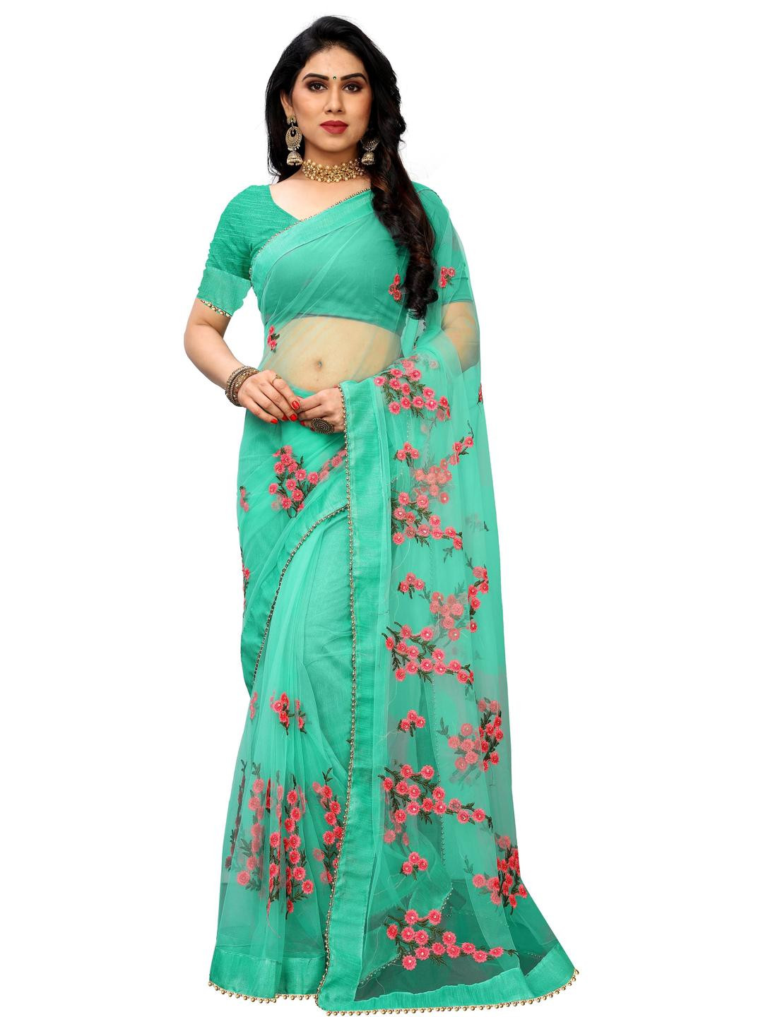 PATLANI STYLE Floral Embroidered Net Saree  And Unstitched Art Silk Blouse Piece