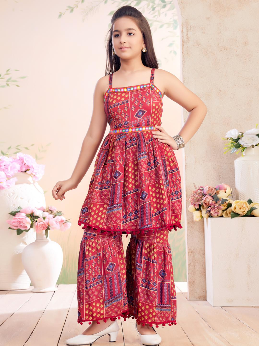 Muhuratam Kids-Girls Maroon Polyester Kurta Sets
