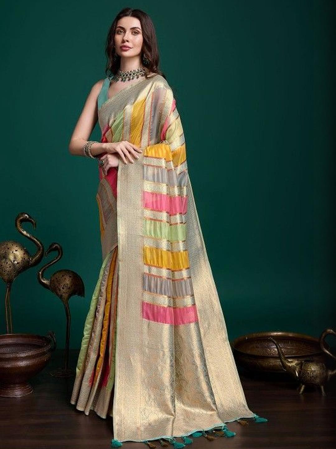 KARAGIRI Floral Woven Design Organza Silk Saree With Blouse Piece