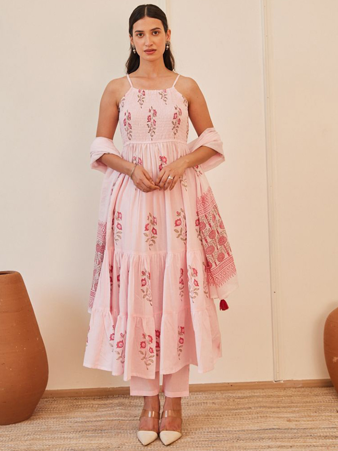 Women Block Print with Smocking Detail Cotton A-Line Kurta with Trousers & Dupatta