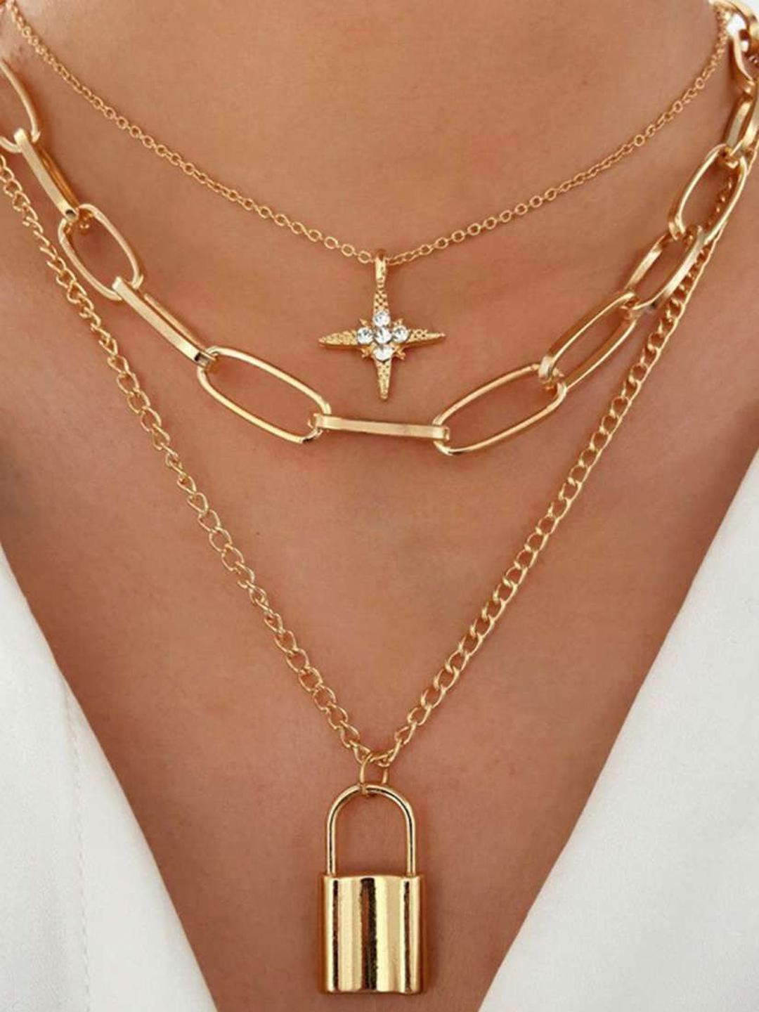 DressBerry Women Gold-Plated Three Layered Lock Chain Star Pendant