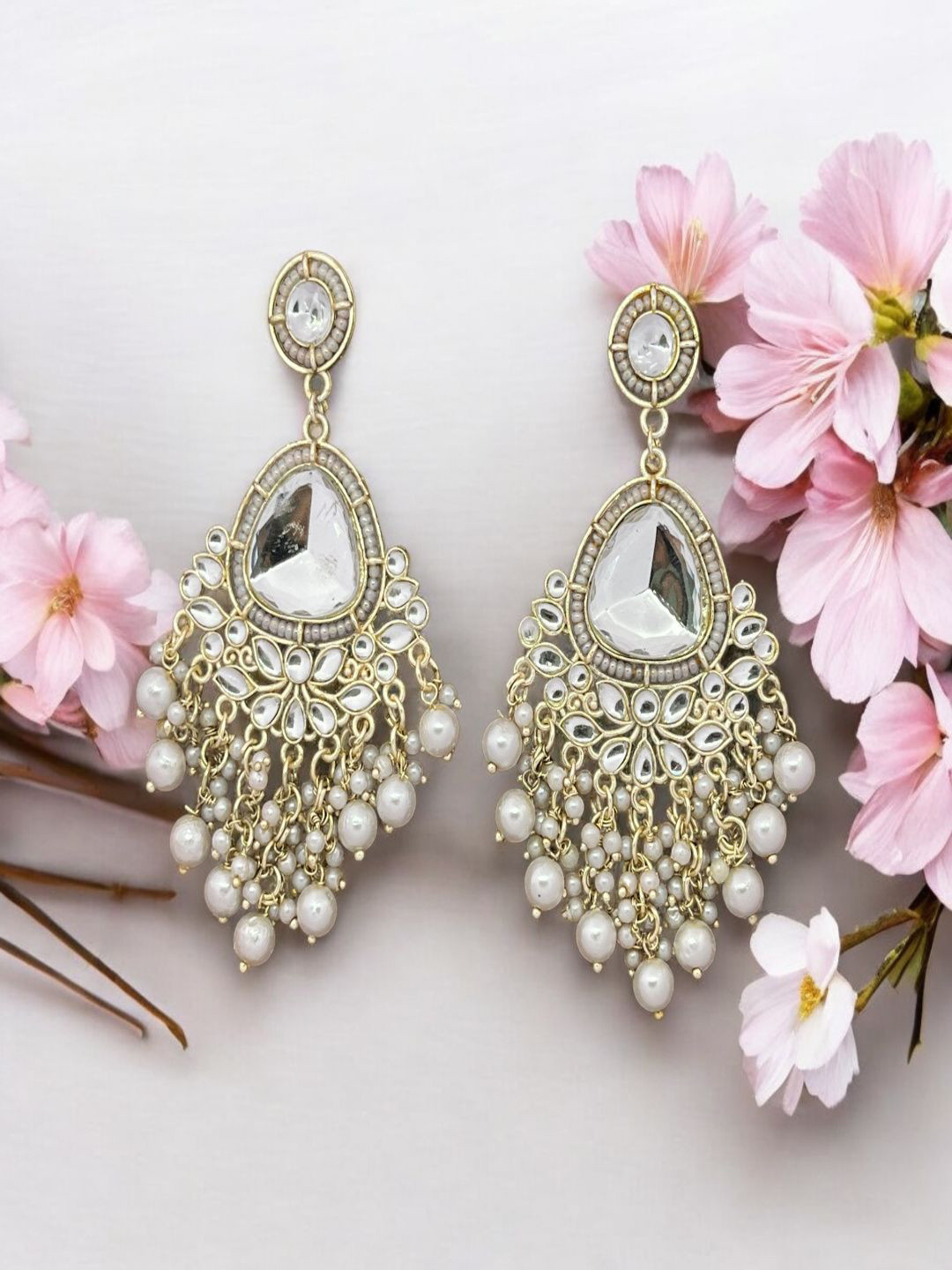 KATION ENTERPRISE Gold Plated Pearls Beaded & Stones Studded Teardrop Shaped Drop Earrings