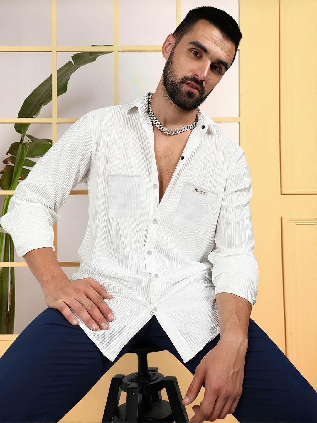 Moda Rapido Men White Polyester Casual Shirts
